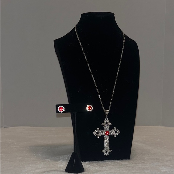 Jewelry - Silver Tone Cross Necklace and Earring Set